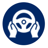 A blue circle with two hands holding the steering wheel.